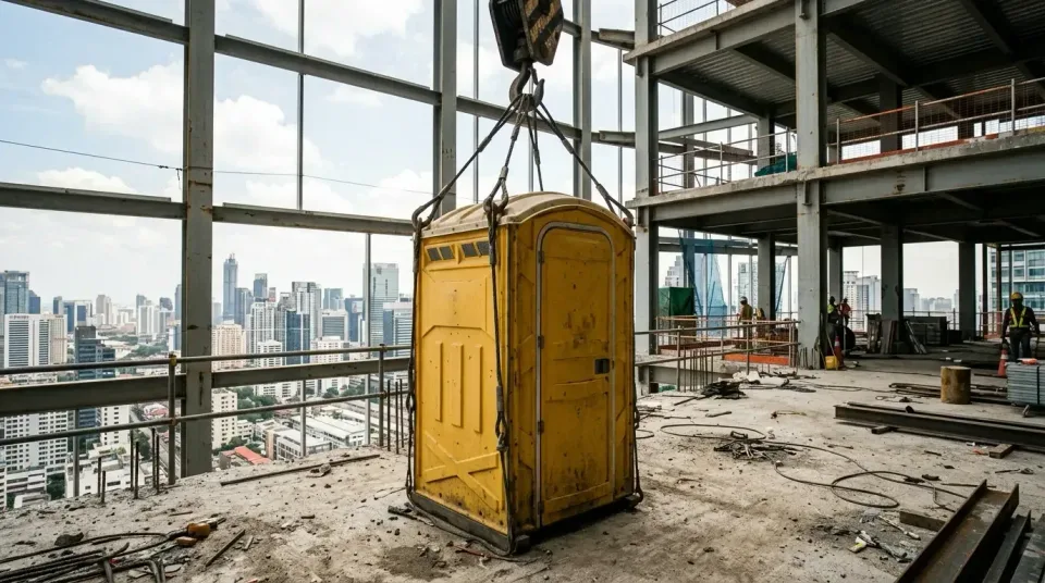 Portable Toilet — Construction Site — Portable Toilet, Crane Hook, Steel Beams, Construction Site, Ada Accessible Porta Pott…