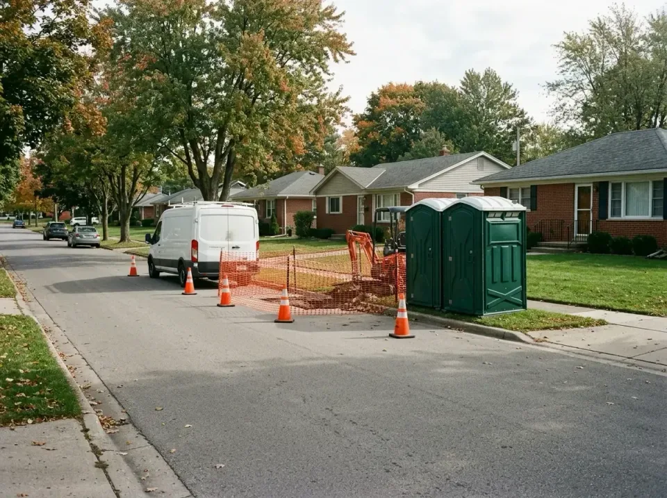 Portable Toilet — Residential Street — Portable Toilet, Porta Potty, Work Van, Residential Street, Ada Accessible Porta Pott…